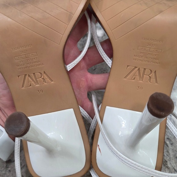 Zara White Heeled Sandals Square Toe Ankle Strap Minimalist‎ Size 39 - Picture 5 of 12